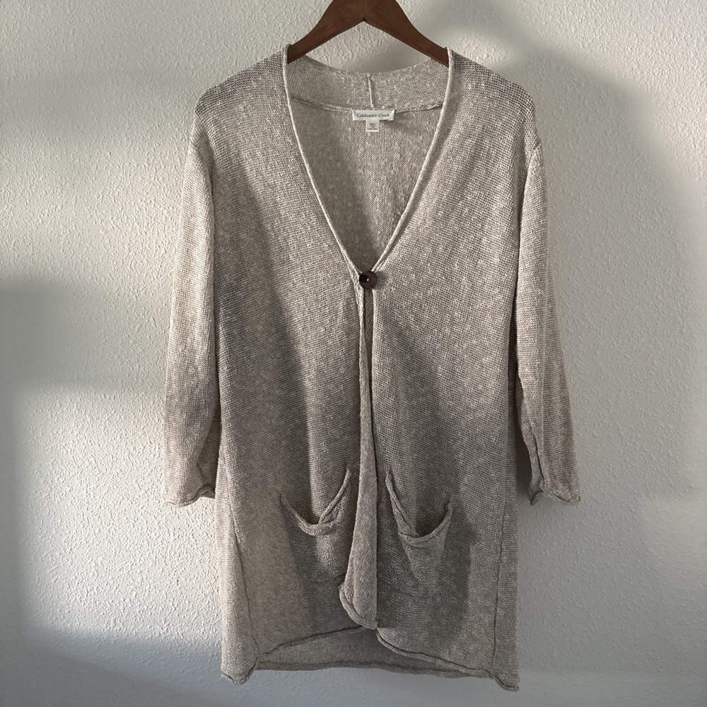 Coldwater Creek Womens Cardigan 1X Beige Tan Knit Linen Blend Pocket Rolled Hem